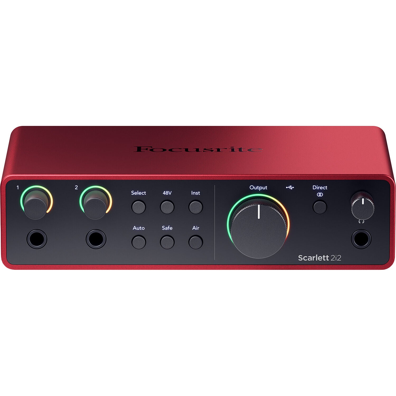 Focusrite Scarlett 2i2 4th Gen audio interface with dual inputs and knobs, black compact design, and USB connection.