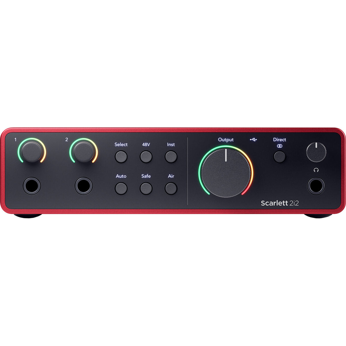 Focusrite Scarlett 2i2 4th Gen audio interface with dual combo inputs and sleek design, used for professional music recording.