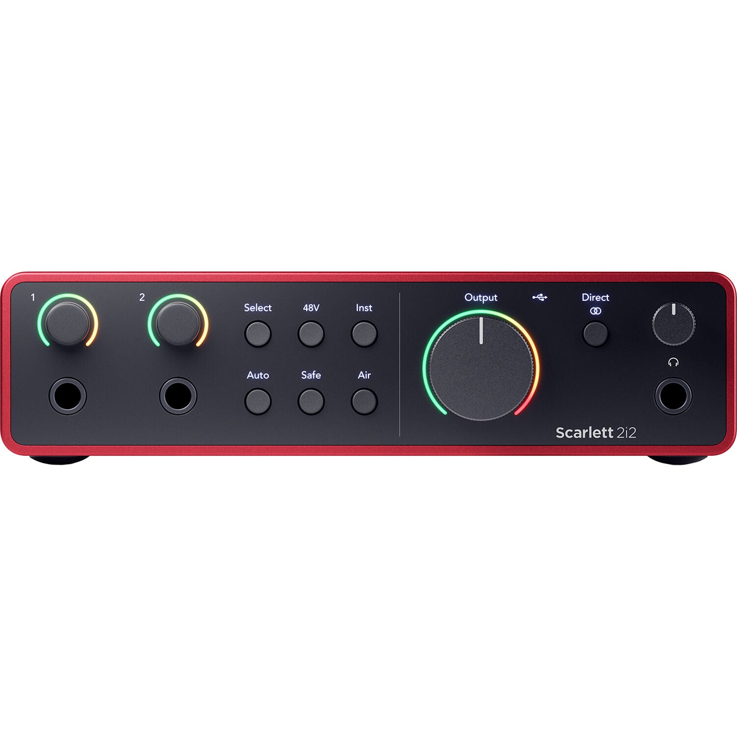 Focusrite Scarlett 2i2 4th Gen audio interface with dual combo inputs and sleek design, used for professional music recording.
