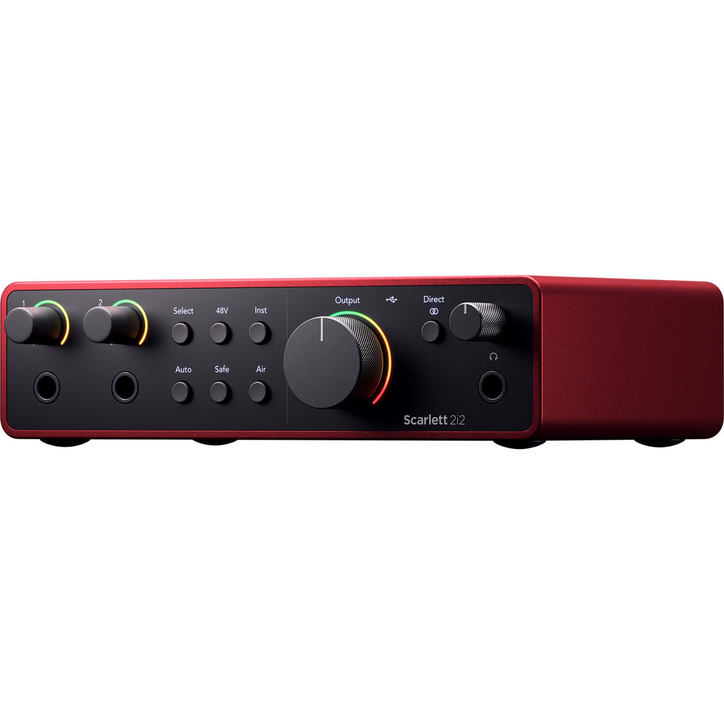 Focusrite Scarlett 2i2 4th Gen audio interface with two input channels and USB connection, shown on a desk.