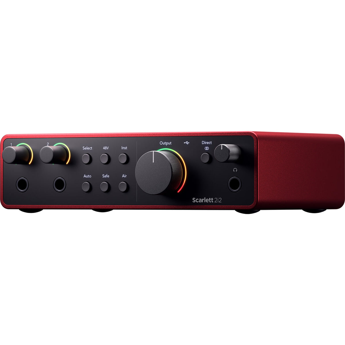 Focusrite Scarlett 2i2 4th Gen audio interface with two input channels and USB connection, shown on a desk.