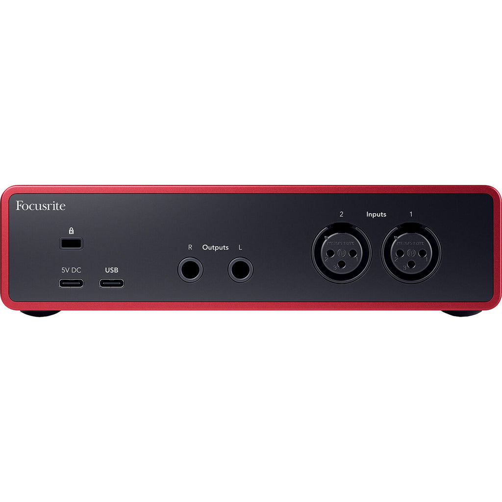 Focusrite Scarlett 2i2 4th Gen audio interface with two input and output knobs, compact design, and USB connection.