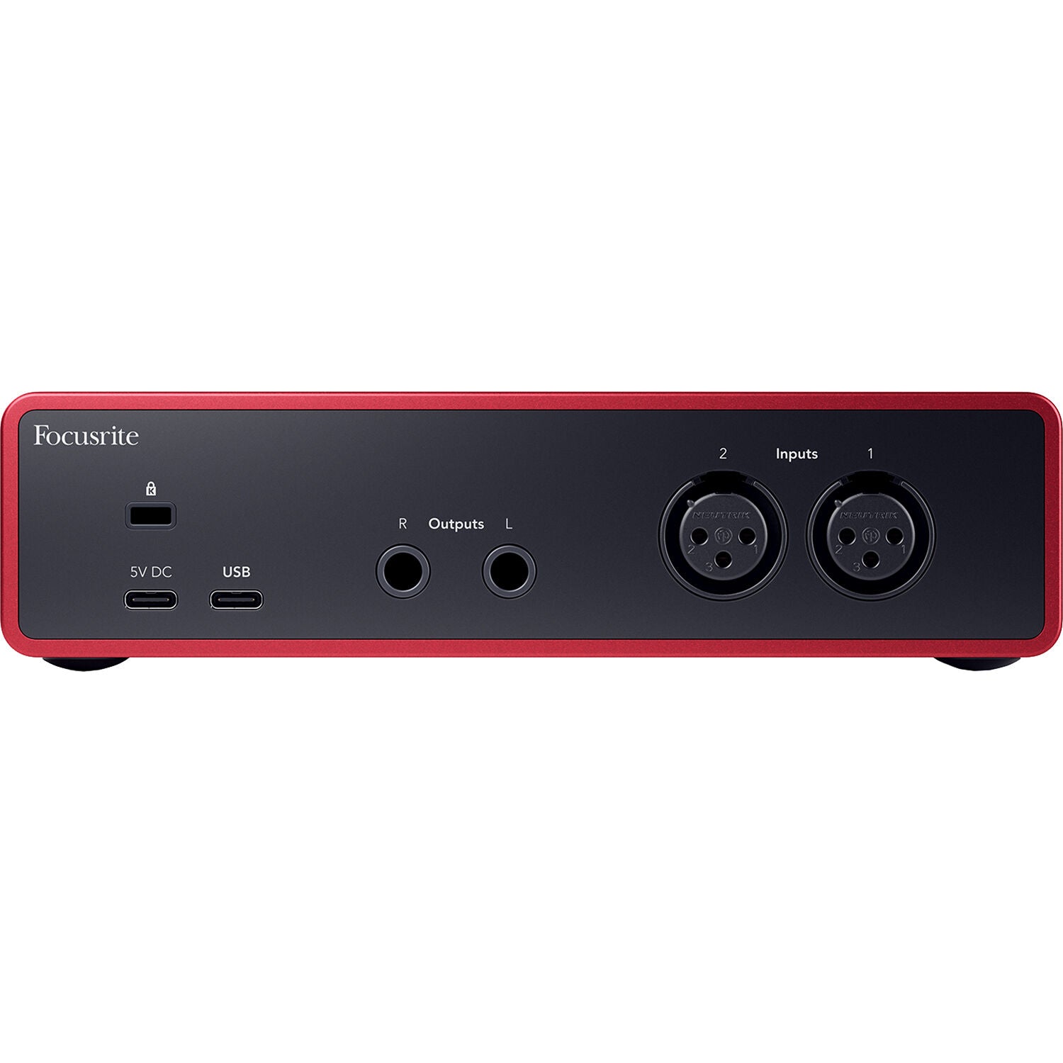 Focusrite Scarlett 2i2 4th Gen audio interface with two input and output knobs, compact design, and USB connection.