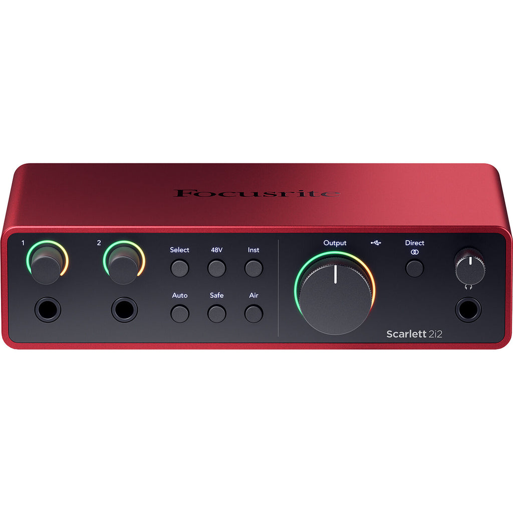 Focusrite Scarlett 2i2 Studio 4th Gen studio bundle with audio interface, microphones, and headphones for music recording and production.