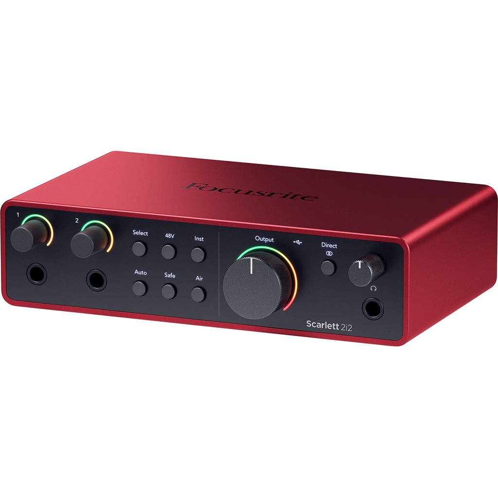 Focusrite Scarlett 2i2 Studio 4th Gen audio interface studio bundle with microphone and headphones on a desk setup.