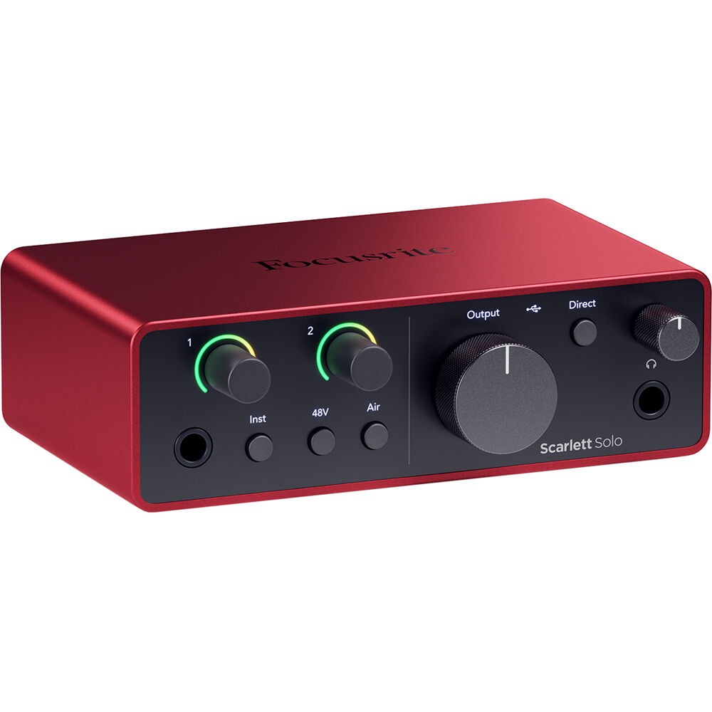 Focusrite Scarlett Solo Studio 4th Gen audio interface and accessories in a studio bundle, ready for recording and music production.