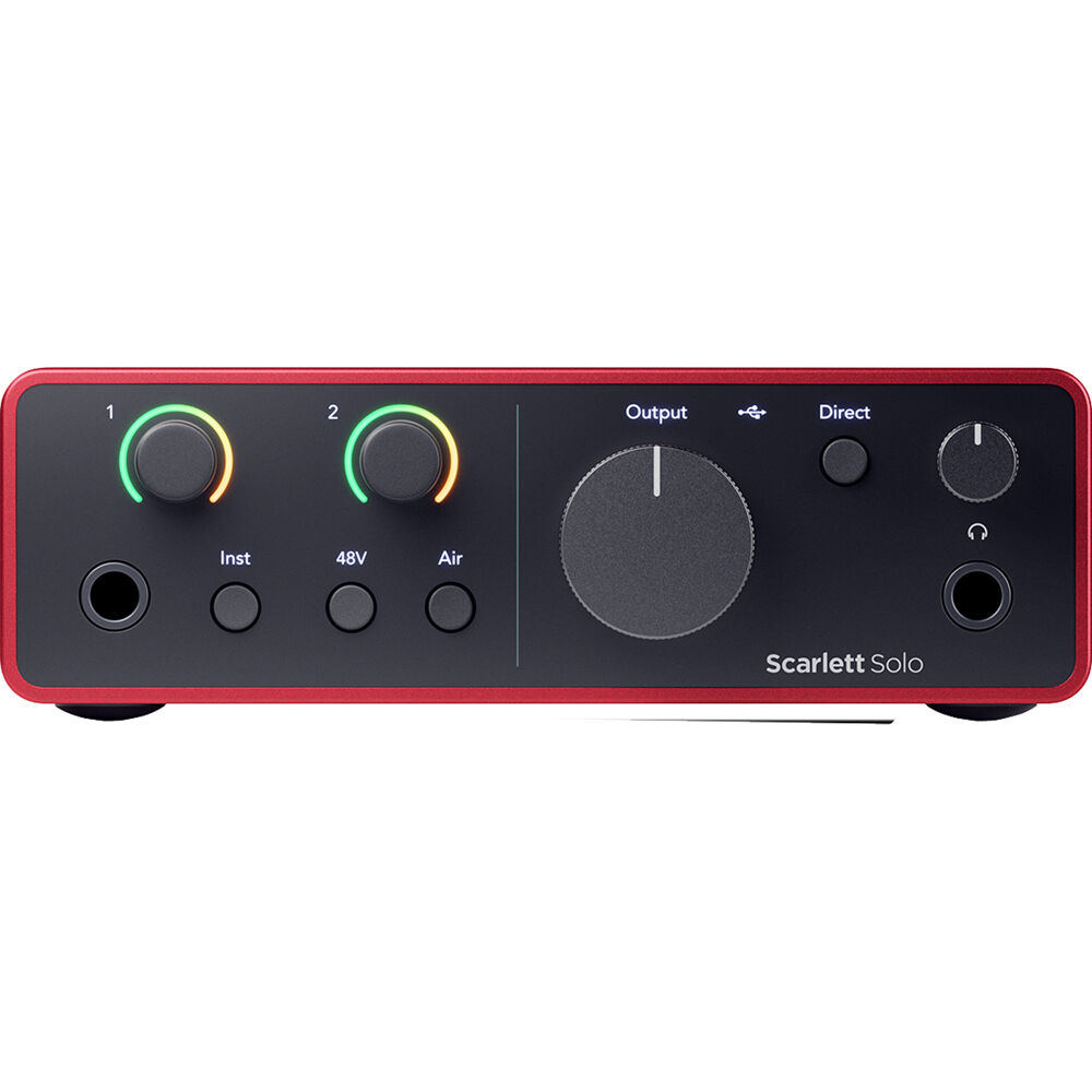Focusrite Scarlett Solo Studio 4th Gen bundle with audio interface, microphone, and accessories for home recording.