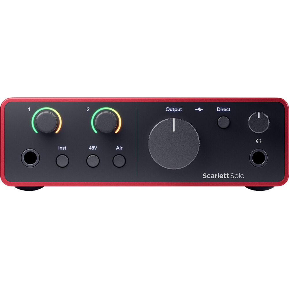 Focusrite Scarlett Solo 4th Gen audio interface with two input jacks, knobs, and USB connection for high-quality sound recording.