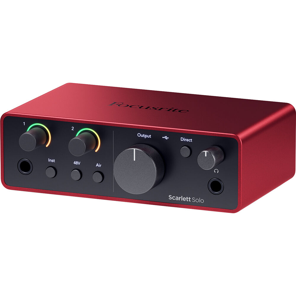 Focusrite Scarlett Solo 4th Gen audio interface with input and output ports, compact design, and professional-grade audio hardware.