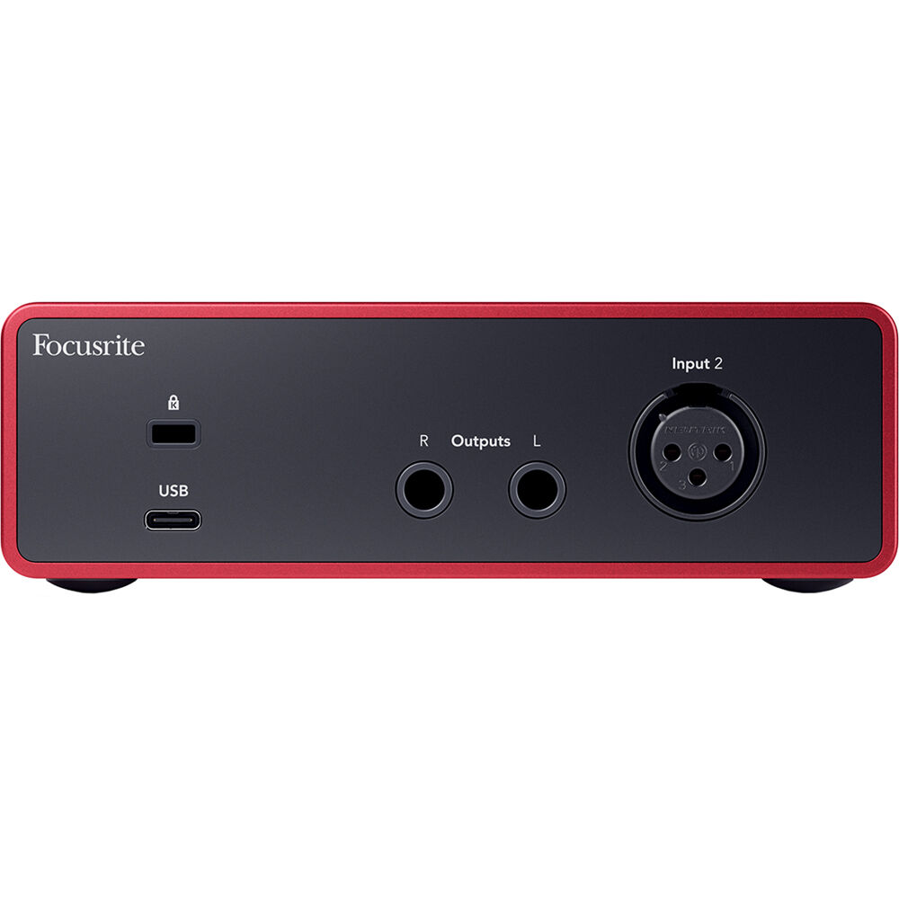 Focusrite Scarlett Solo 4th Gen audio interface showing front panel with input jacks and control knobs for music recording.