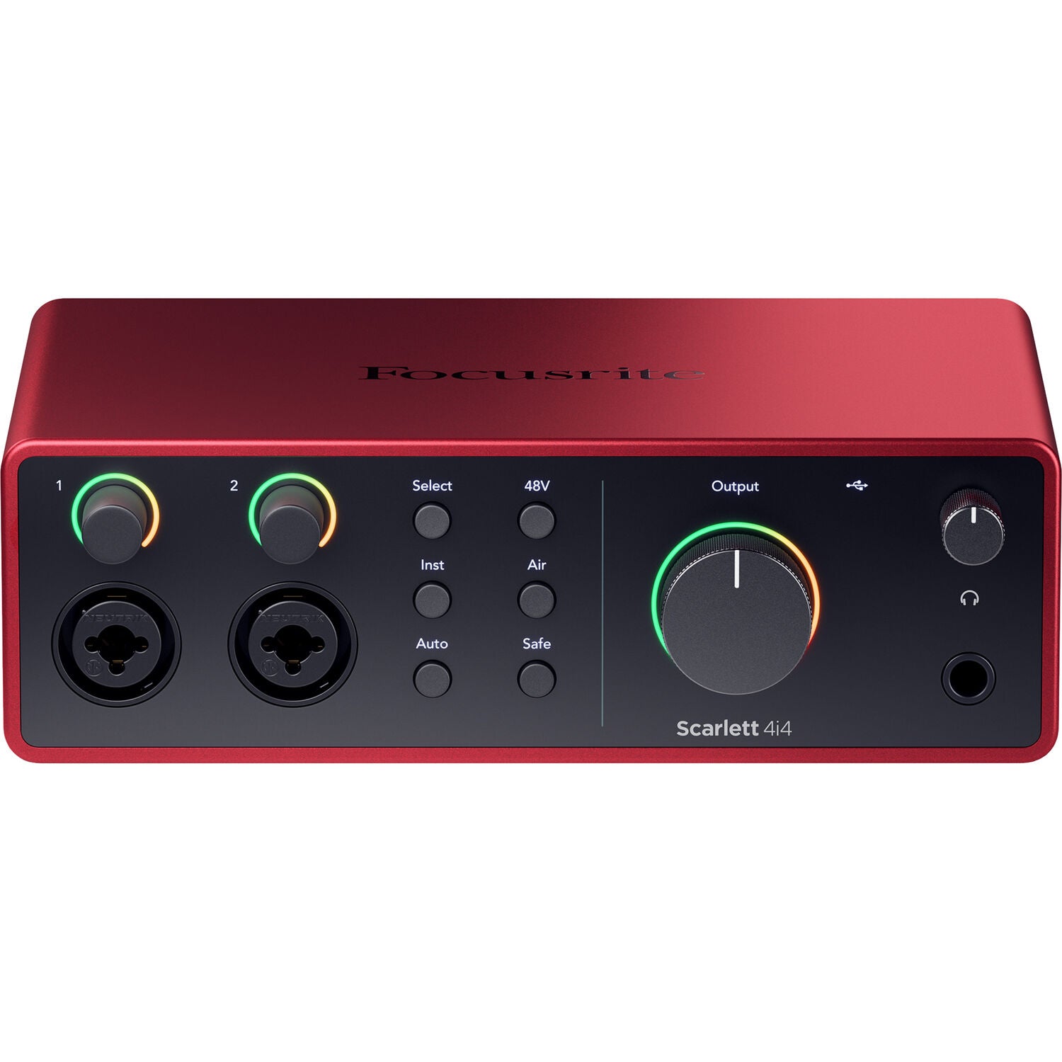 Focusrite Scarlett 4i4 4th Gen audio interface with input and output ports, compact black design, and control knobs.