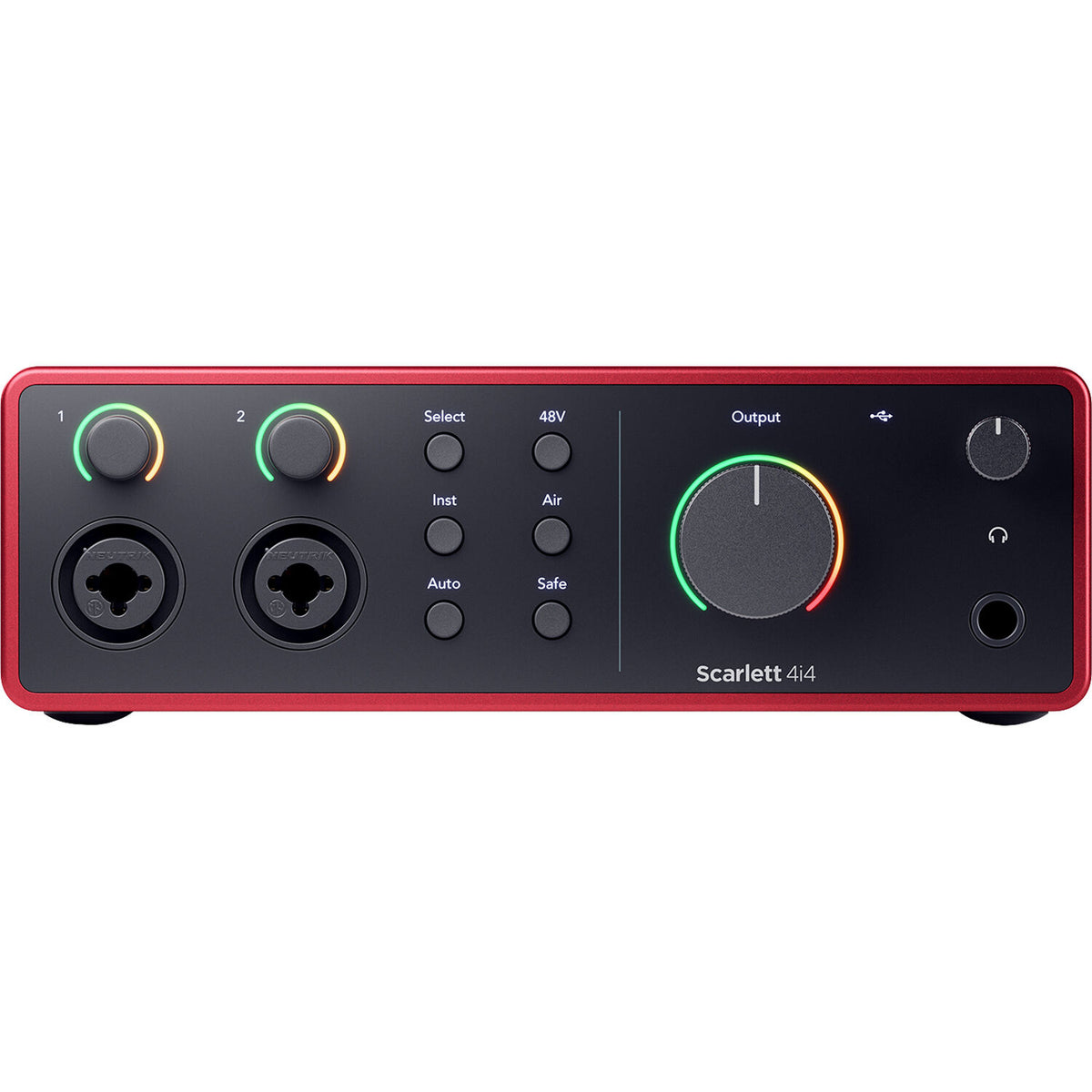Focusrite Scarlett 4i4 4th Gen audio interface with multiple input and output ports, compact black design, and control knobs.