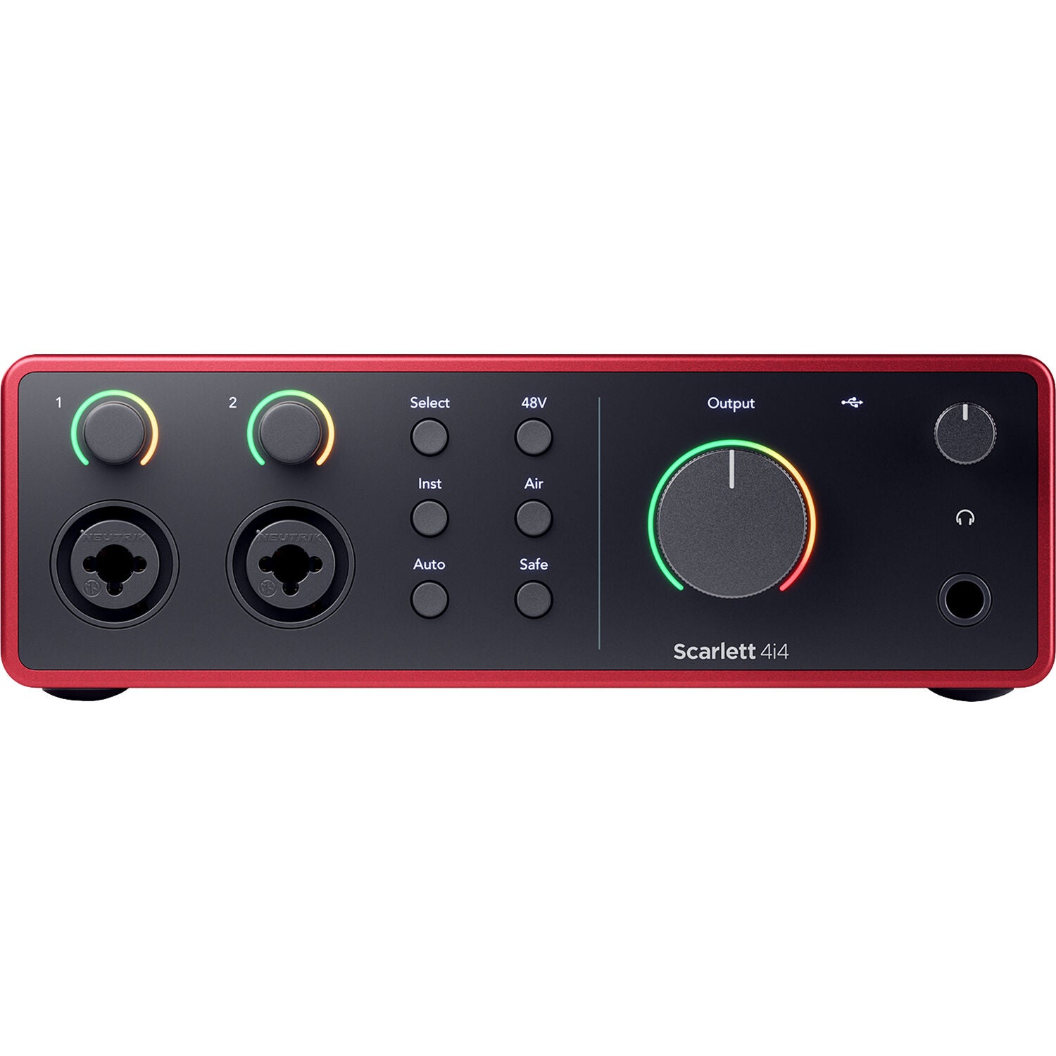 Focusrite Scarlett 4i4 4th Gen audio interface with multiple input and output ports, compact black design, and control knobs.