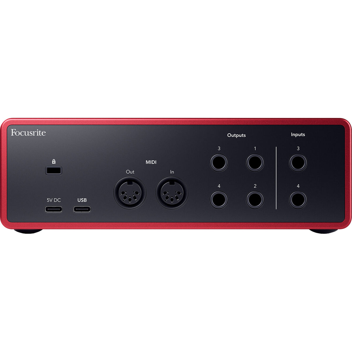 Focusrite Scarlett 4i4 4th Gen audio interface with multiple input and output ports, compact design, and professional audio quality.