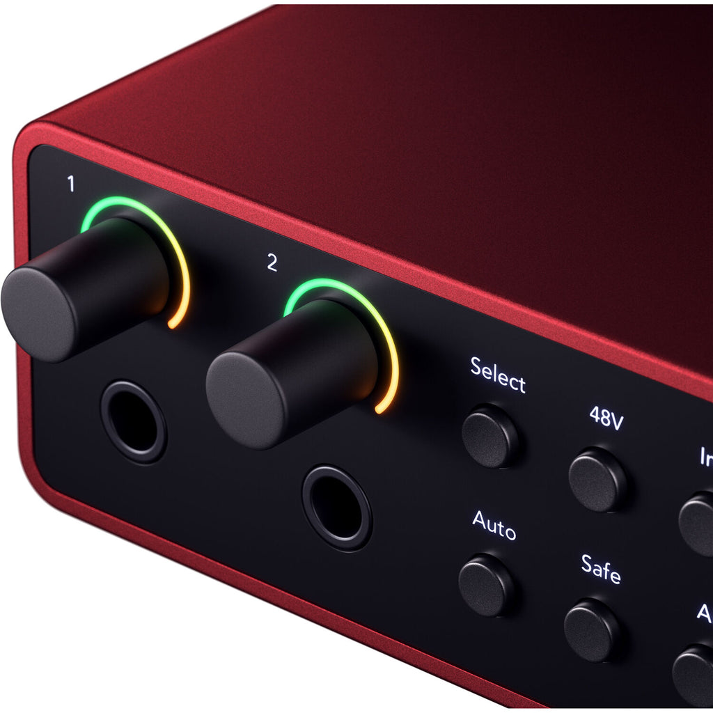 Focusrite Scarlett 4i4 4th Gen audio interface with multiple input and output ports, compact design, and professional audio equipment.