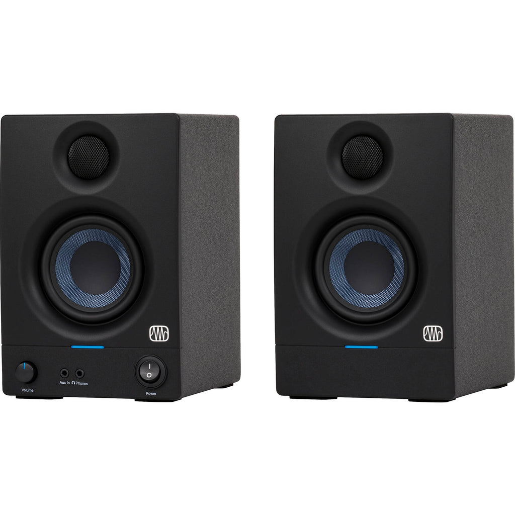 Presonus Eris 3.5 2nd Gen desktop speakers showing black speaker cabinets with volume controls and audio input ports.