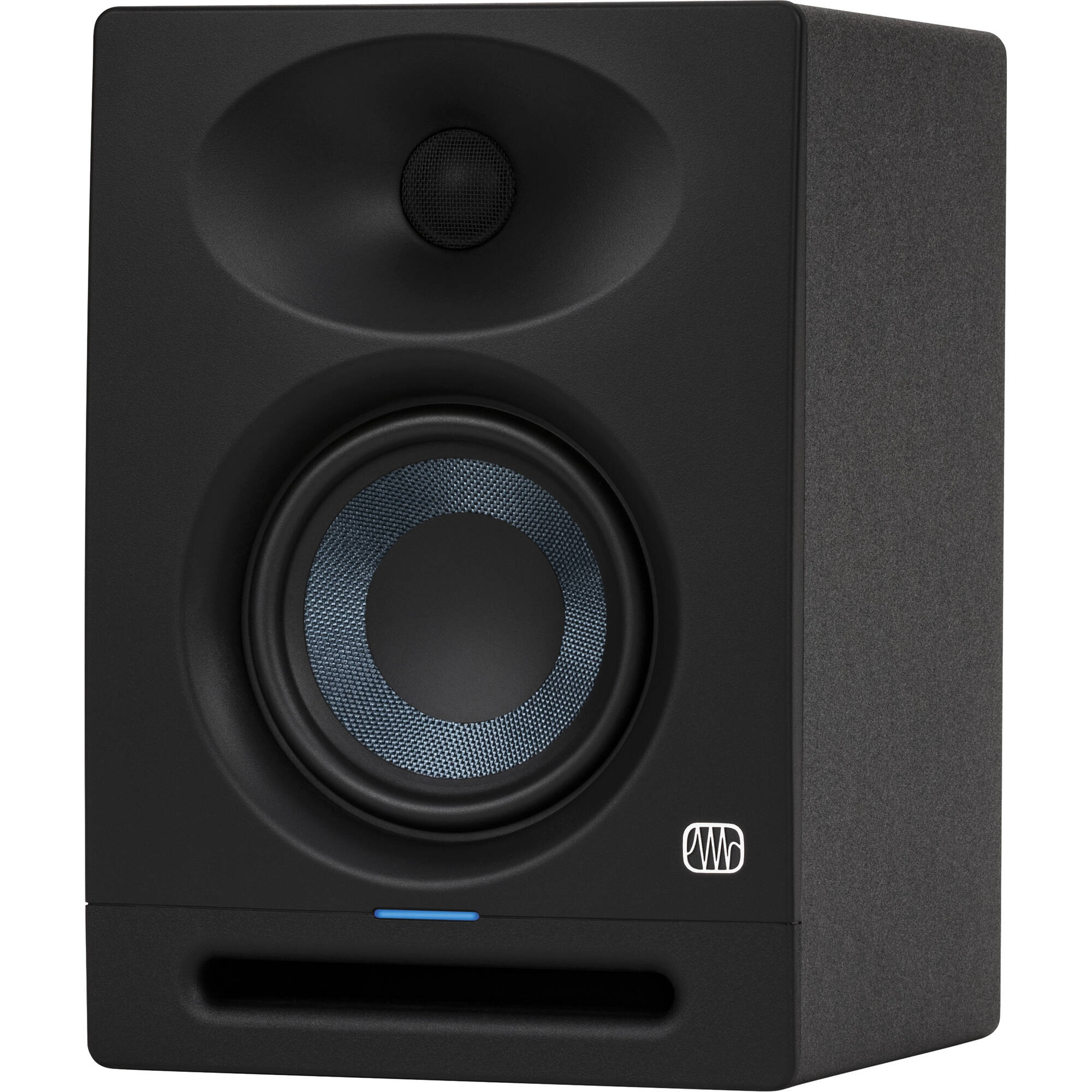 Presonus Eris Studio 4 active nearfield monitors shown with black enclosures and control knobs on the front panel.