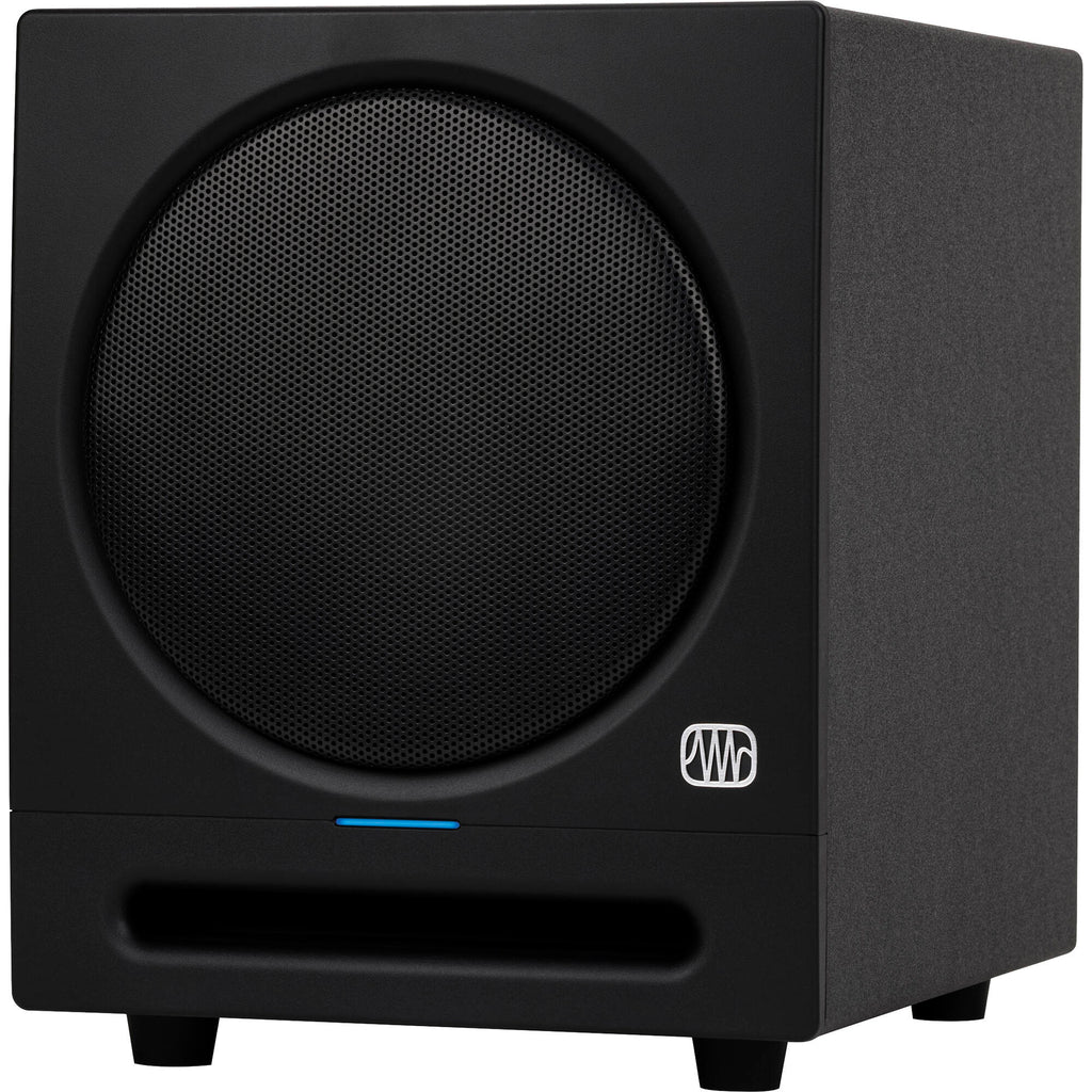 Presonus Eris SUB 8 BT 2nd Gen subwoofer showing its black rectangular speaker with control knobs and ports on the back.
