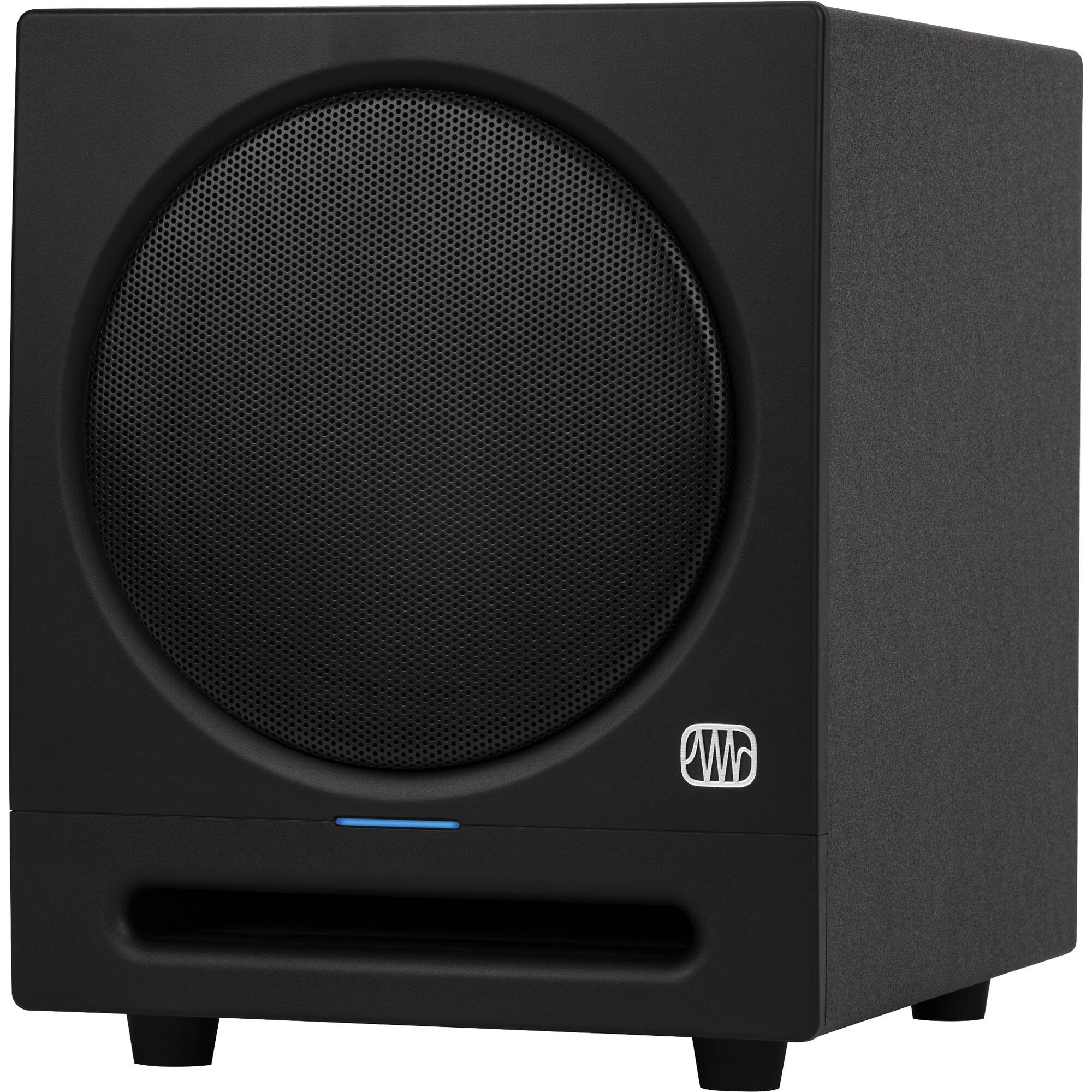 Presonus Eris SUB 8 BT 2nd Gen subwoofer showing its black rectangular speaker with control knobs and ports on the back.