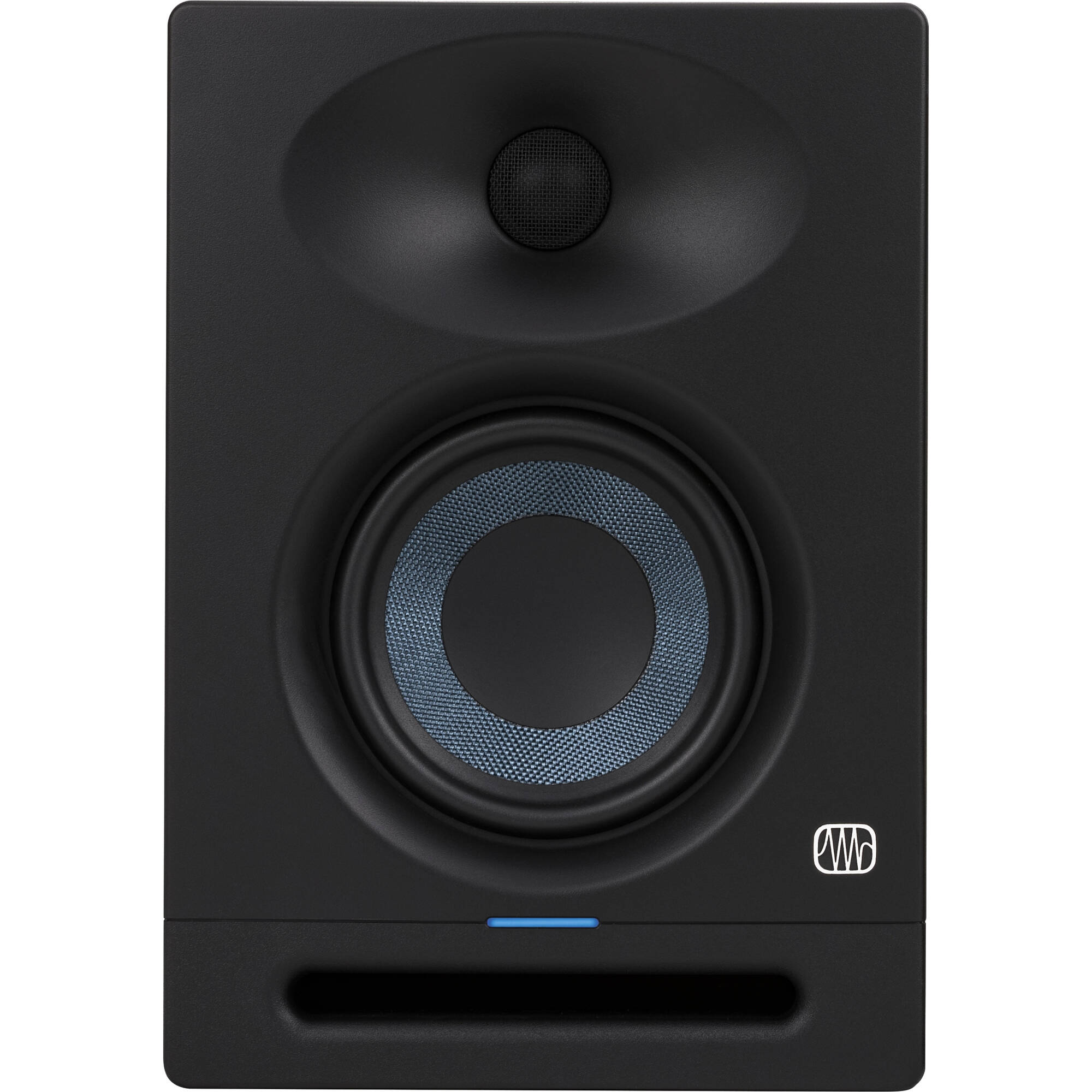 Presonus Eris Studio 4 active nearfield monitors shown on a desk with audio cables and control knobs visible.