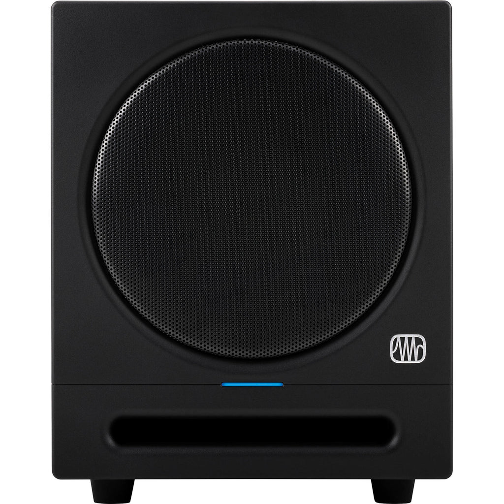 Presonus Eris SUB 8 BT 2nd Gen subwoofer with black enclosure and control knobs, designed for studio audio monitoring.