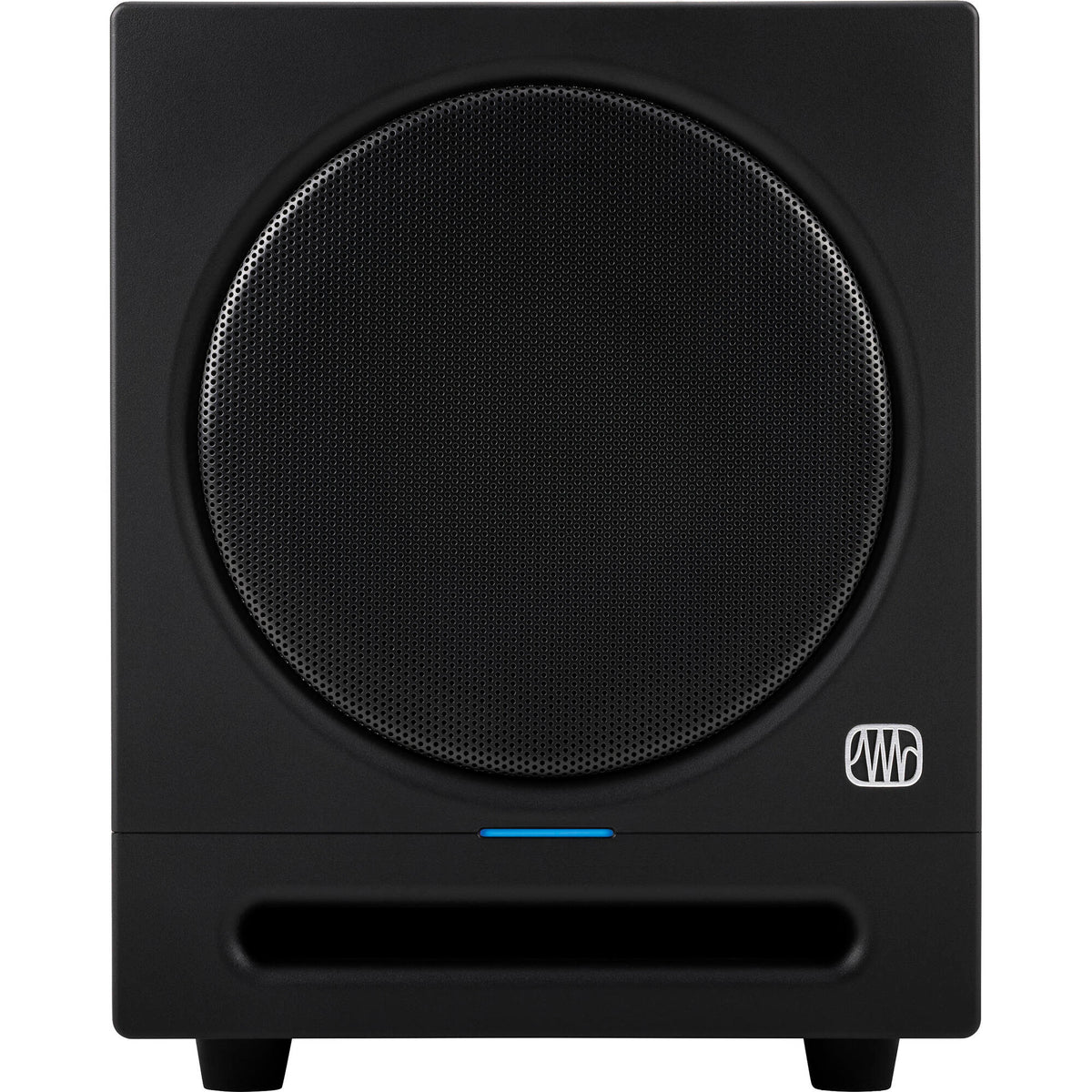 Presonus Eris SUB 8 BT 2nd Gen subwoofer with black enclosure and control knobs, designed for studio audio monitoring.