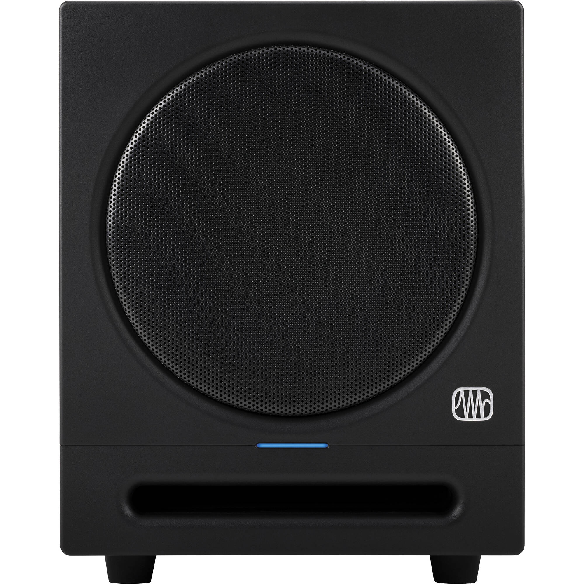 Presonus Eris SUB 8 BT 2nd Gen subwoofer with black enclosure and control knobs, designed for studio audio monitoring.