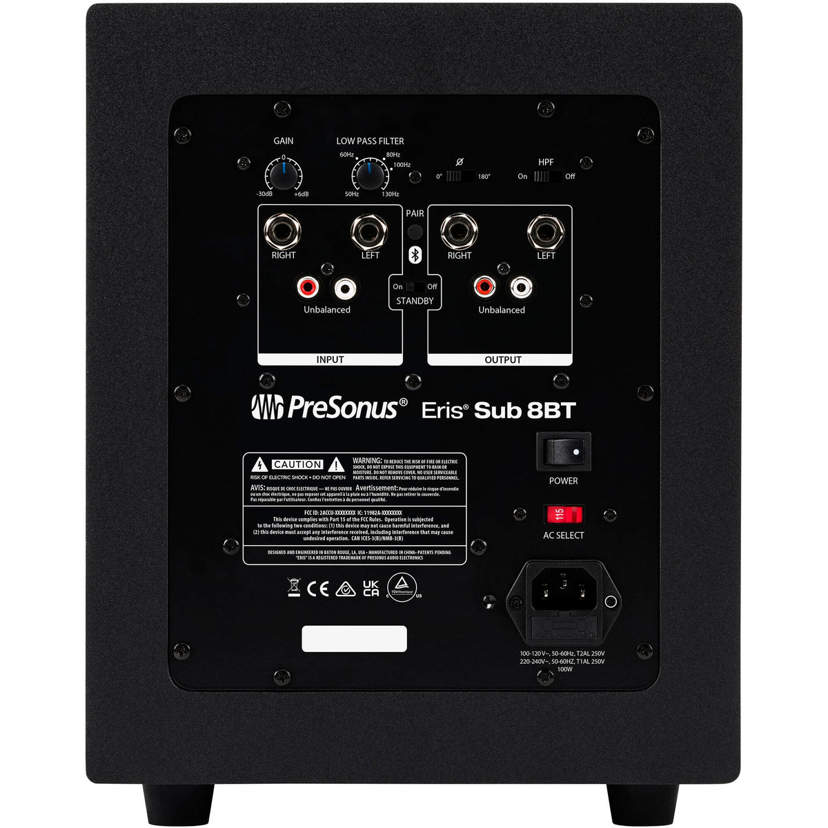 Presonus Eris SUB 8 BT second-generation subwoofer with black enclosure and control knob, designed for studio monitoring systems.