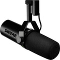 Shure SM7dB dynamic microphone shown with a black finish and mounted on a stand, ideal for broadcasting and recording.