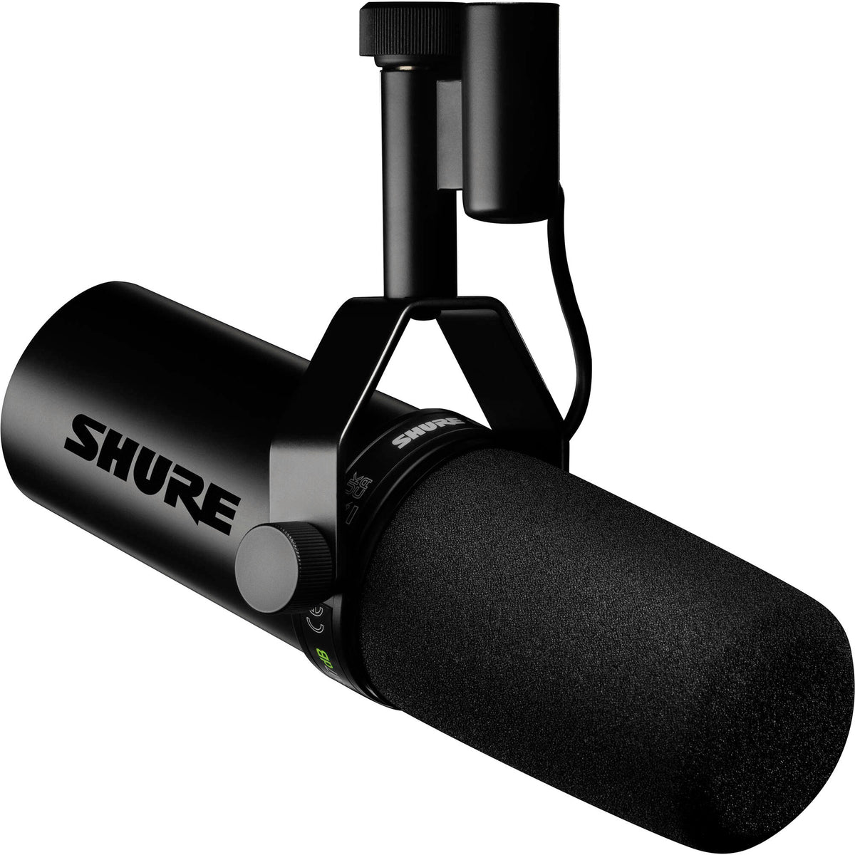 Shure SM7dB dynamic microphone shown with a black finish and mounted on a stand, ideal for broadcasting and recording.