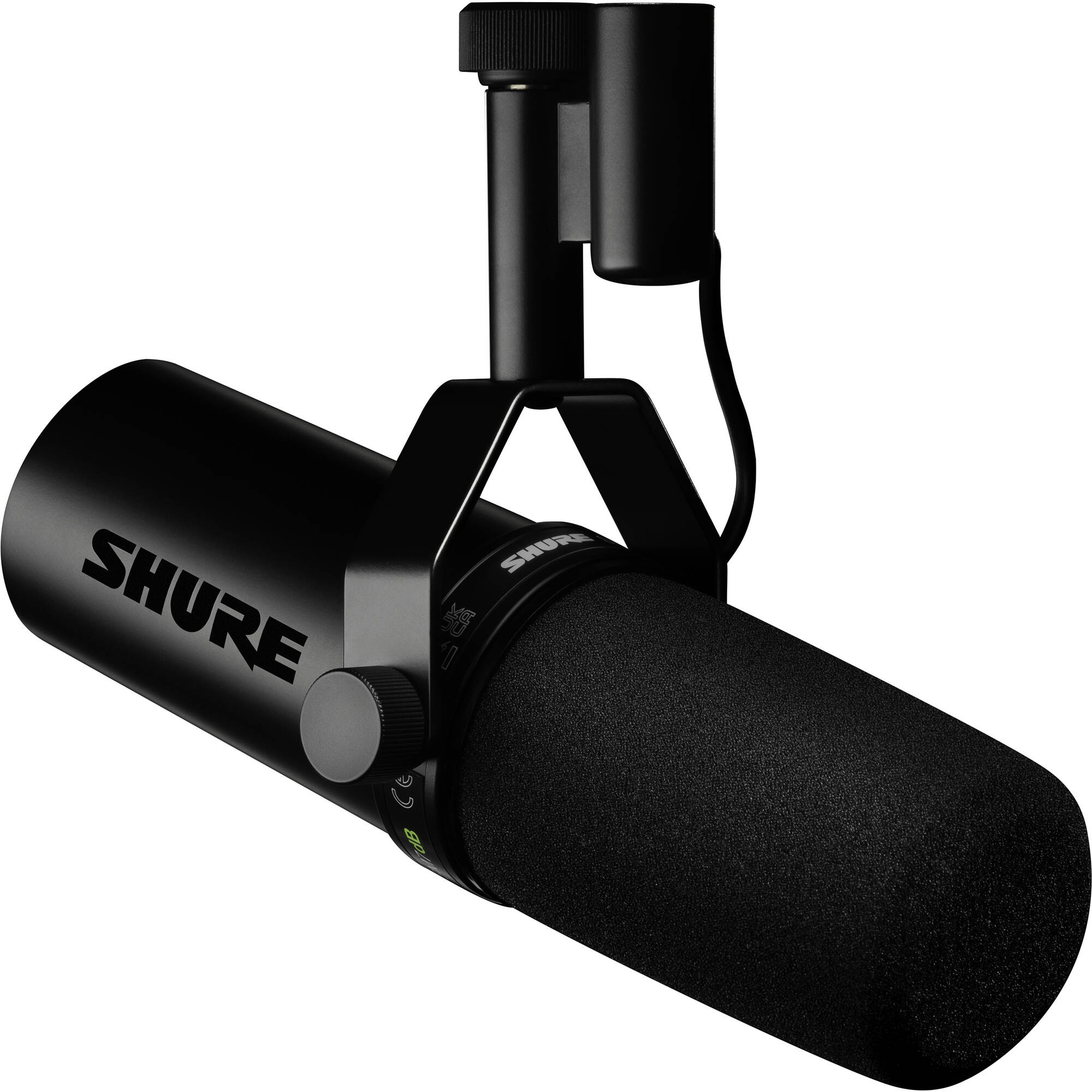 Shure SM7dB dynamic microphone shown with a black finish and mounted on a stand, ideal for broadcasting and recording.