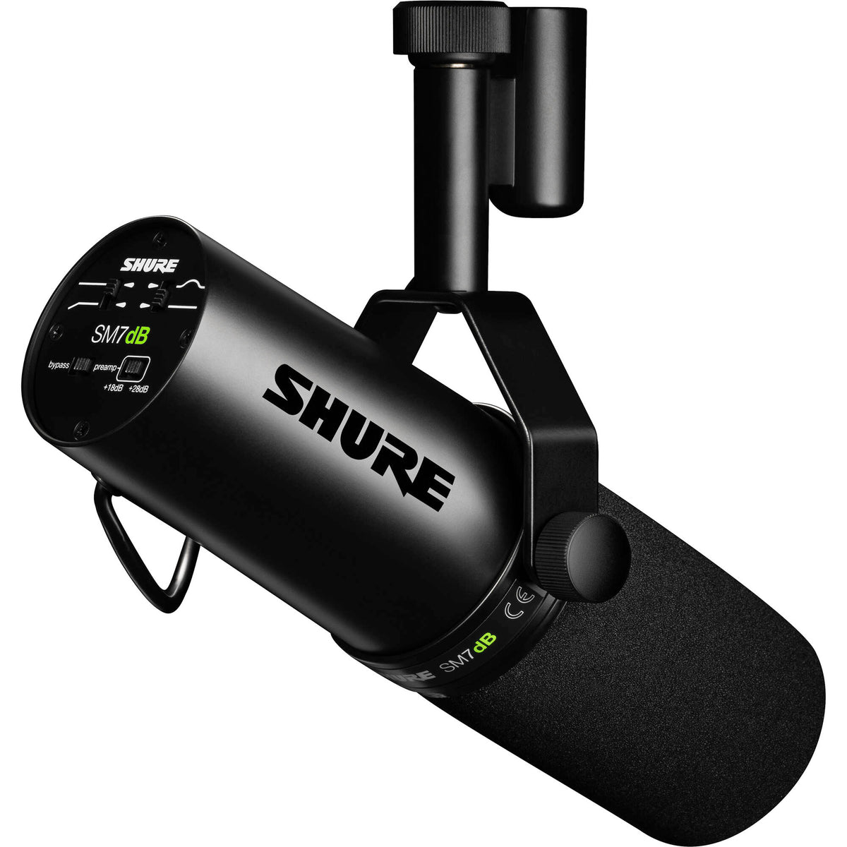 Shure SM7dB dynamic microphone with black body and grille, ideal for studio recording and broadcasting.