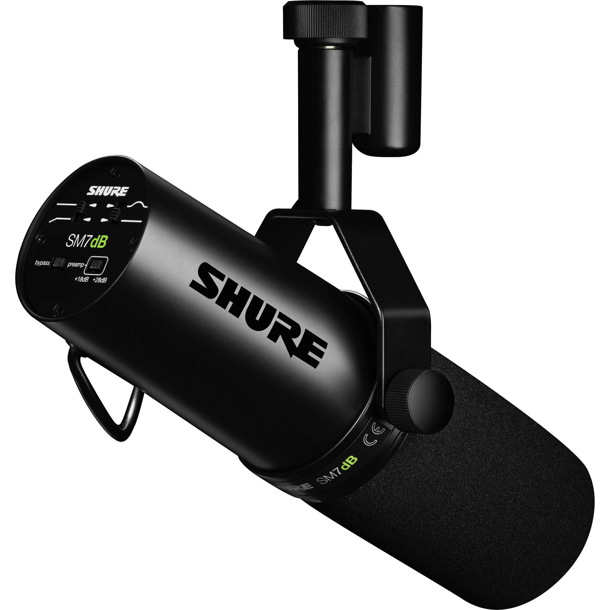 Shure SM7dB dynamic microphone with black body and grille, ideal for studio recording and broadcasting.