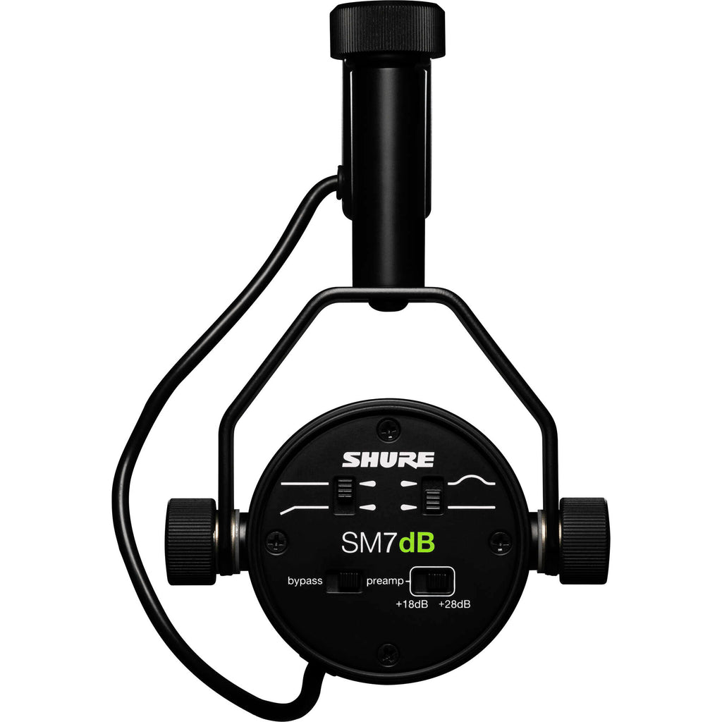 Shure SM7dB dynamic microphone with black metal body and grille, used for professional vocal and podcast recording.