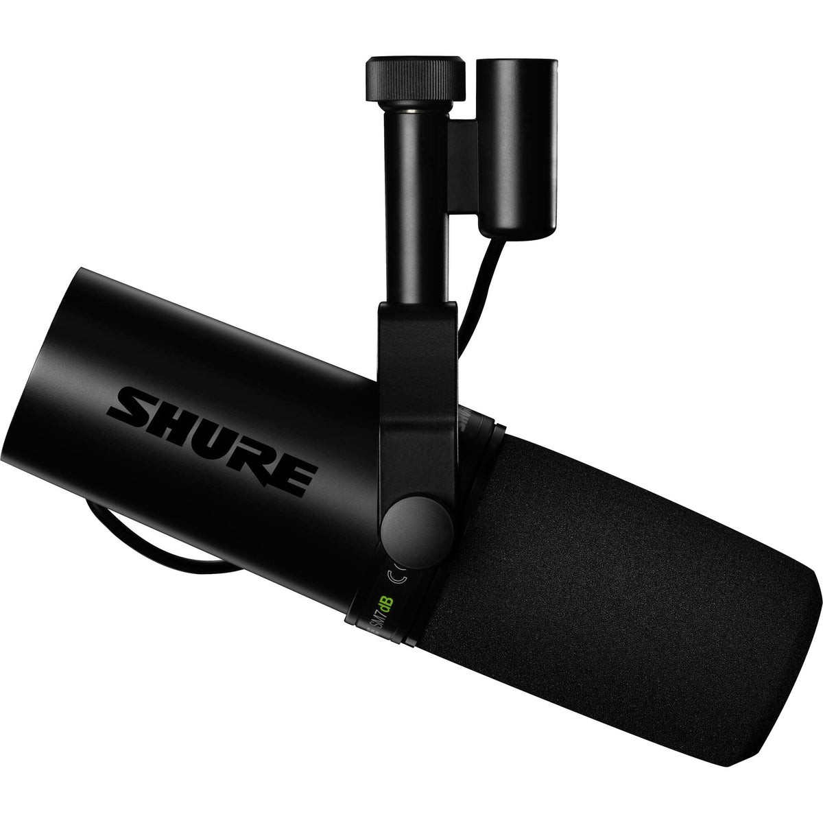 Shure SM7dB dynamic microphone with black finish, mounted on a shock mount for professional audio recording and broadcasting.
