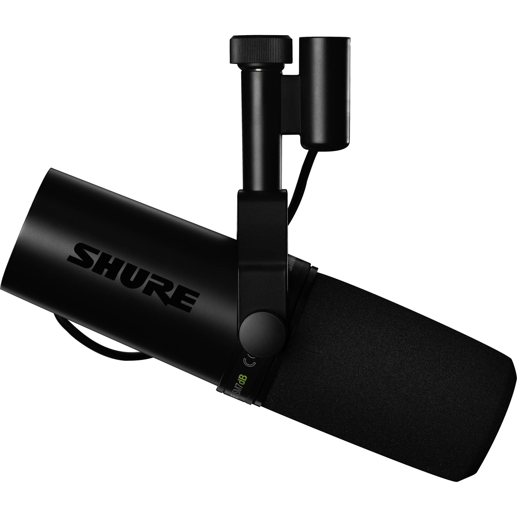 Shure SM7dB dynamic microphone with black finish, mounted on a shock mount for professional audio recording and broadcasting.