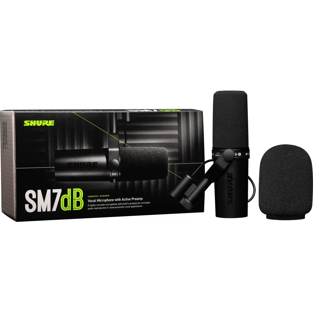 Shure SM7dB dynamic microphone shown with its black body and silver grille, ideal for professional broadcasting and recording.