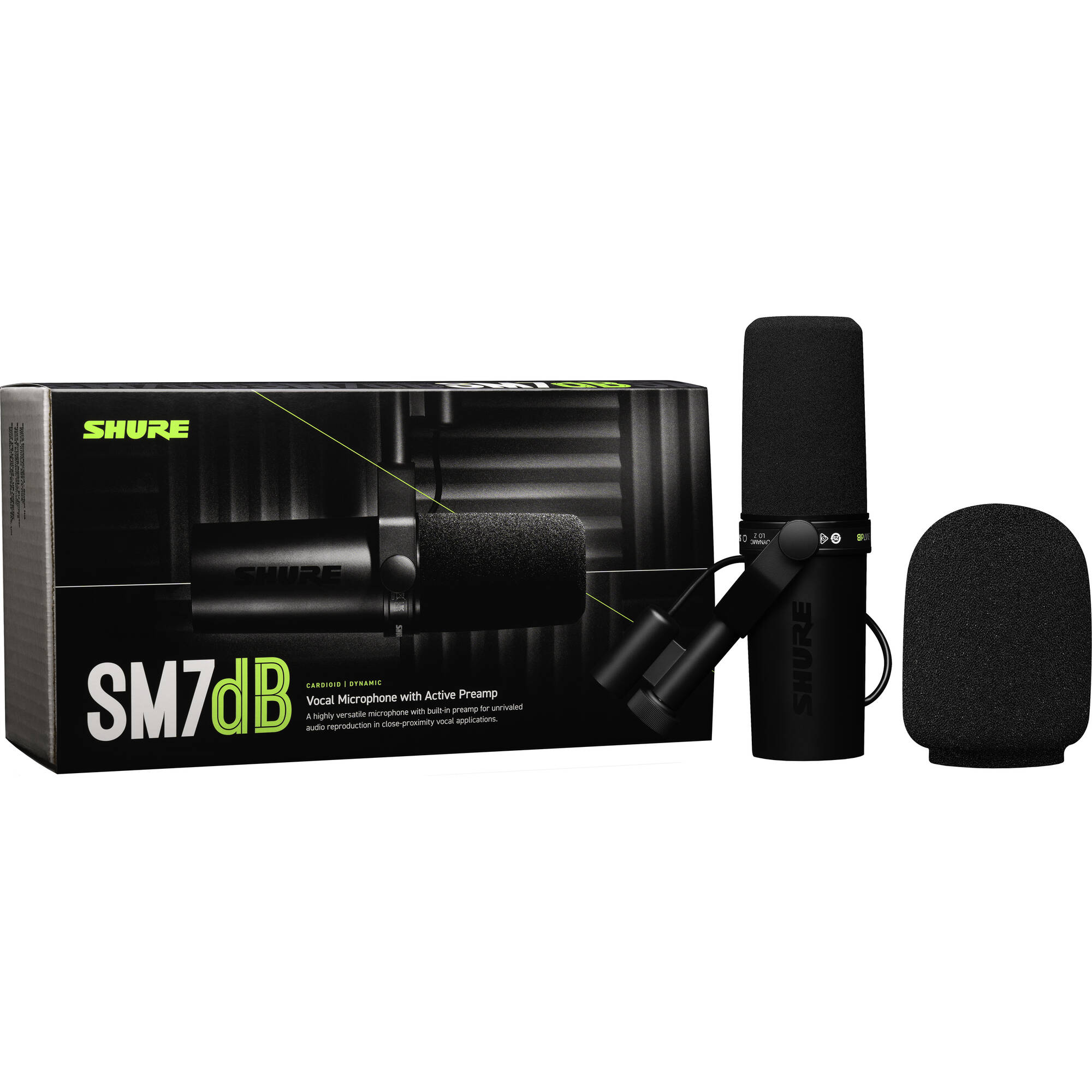 Shure SM7dB dynamic microphone shown with its black body and silver grille, ideal for professional broadcasting and recording.
