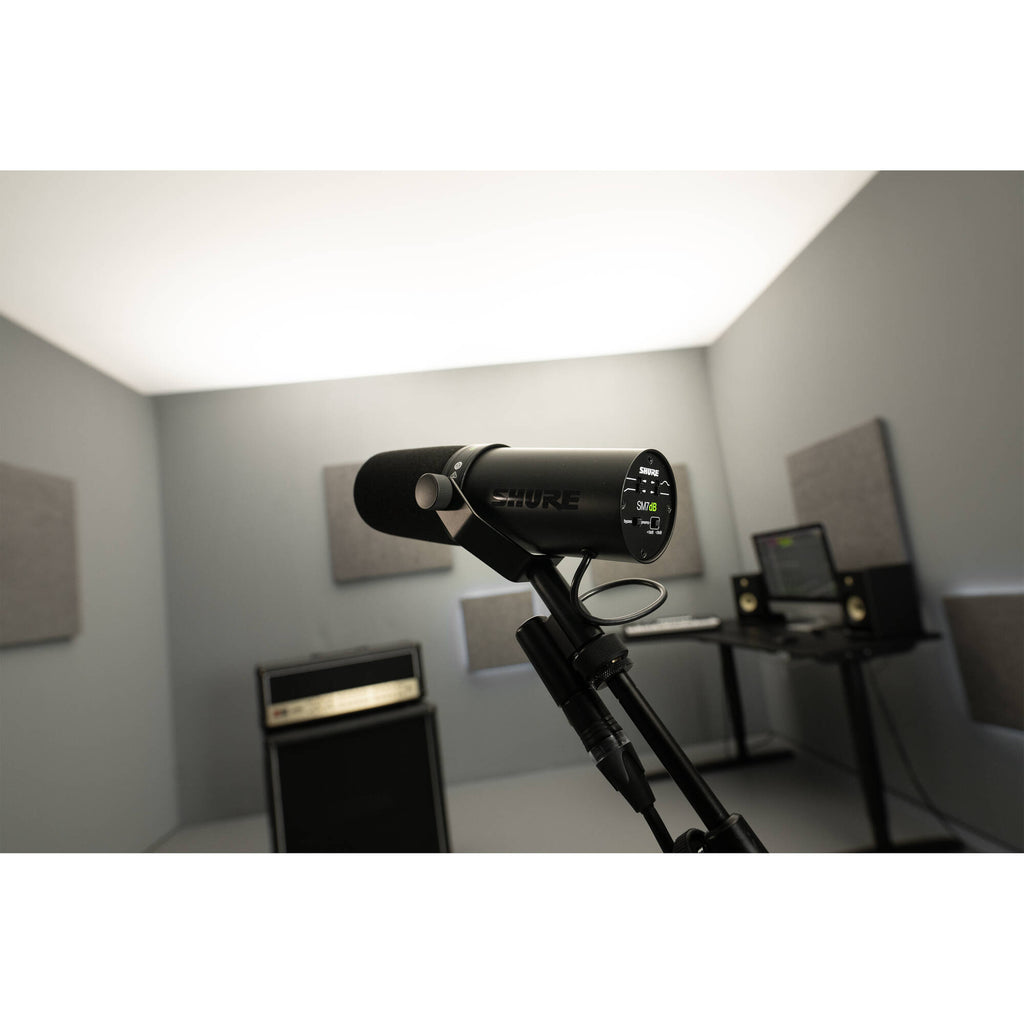 Shure SM7dB dynamic microphone with black body and grille, ideal for studio recording and broadcasting.