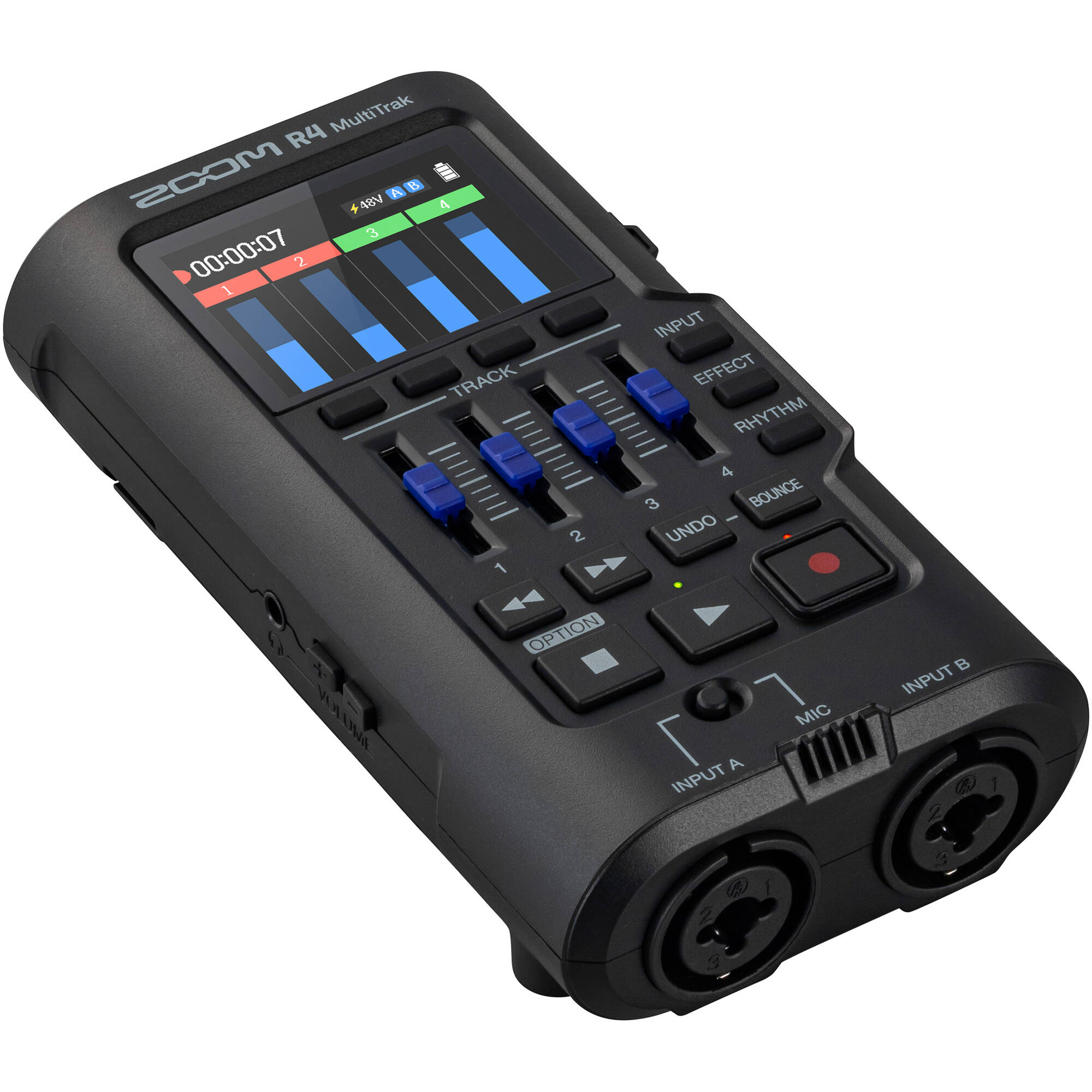 Zoom R4 MultiTrak digital recorder showing control buttons and built-in microphone with display screen