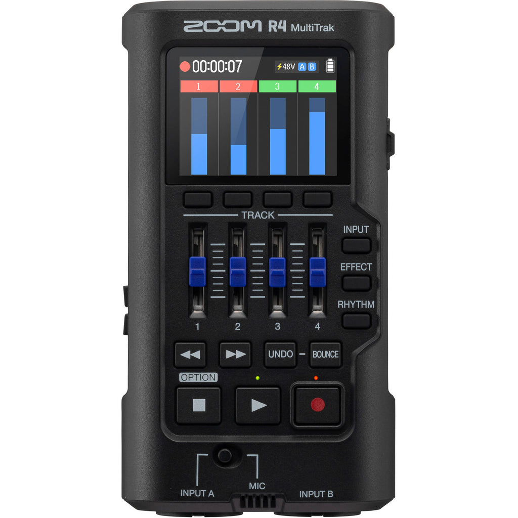 Zoom R4 MultiTrak digital recorder with multiple input ports and built-in microphone for high-quality audio recording.
