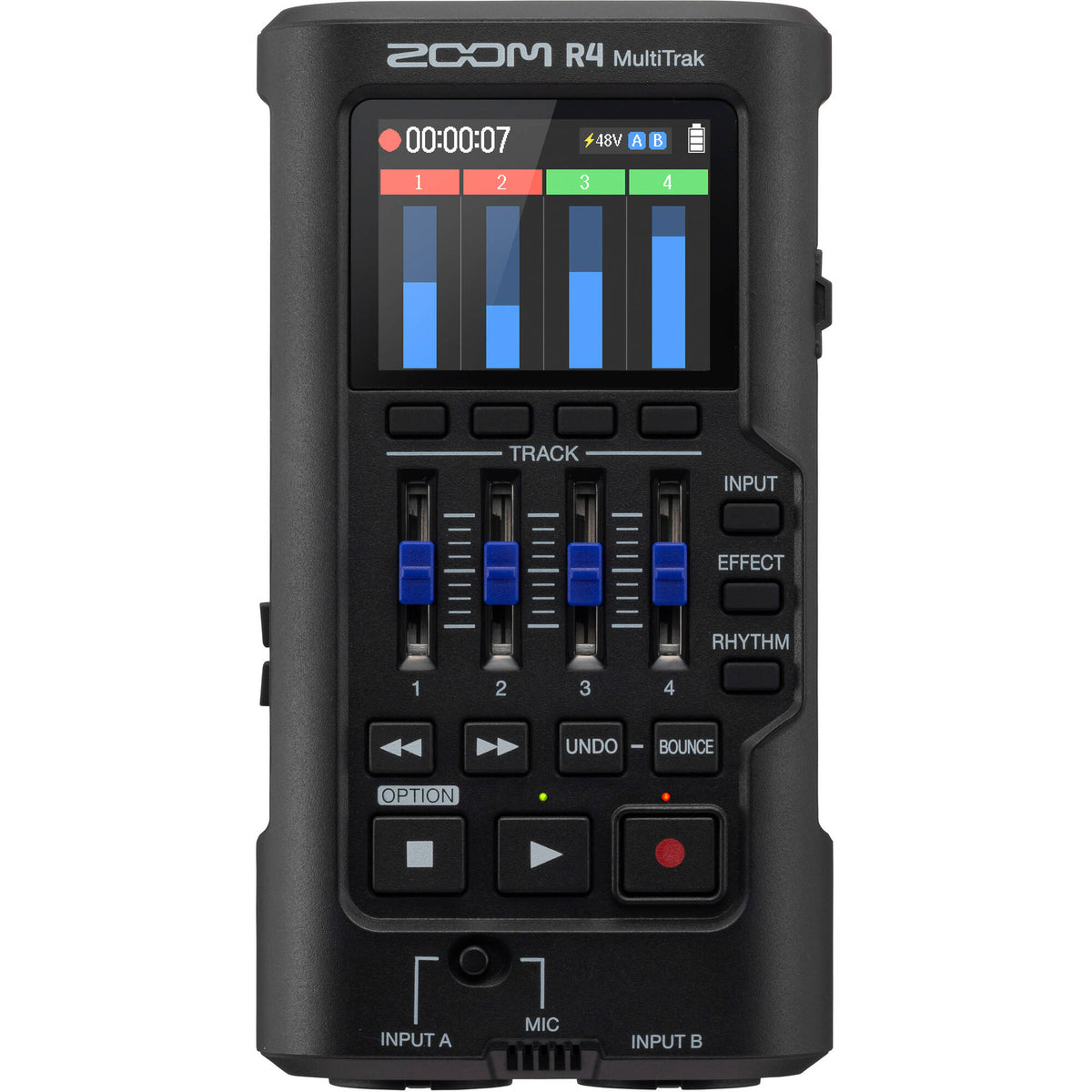 Zoom R4 MultiTrak digital recorder with multiple input ports and built-in microphone for high-quality audio recording.