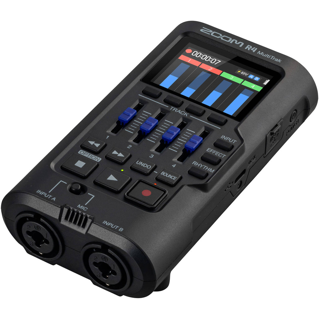Zoom R4 MultiTrak digital recorder with four input channels and built-in microphones, showing control buttons and display screen.