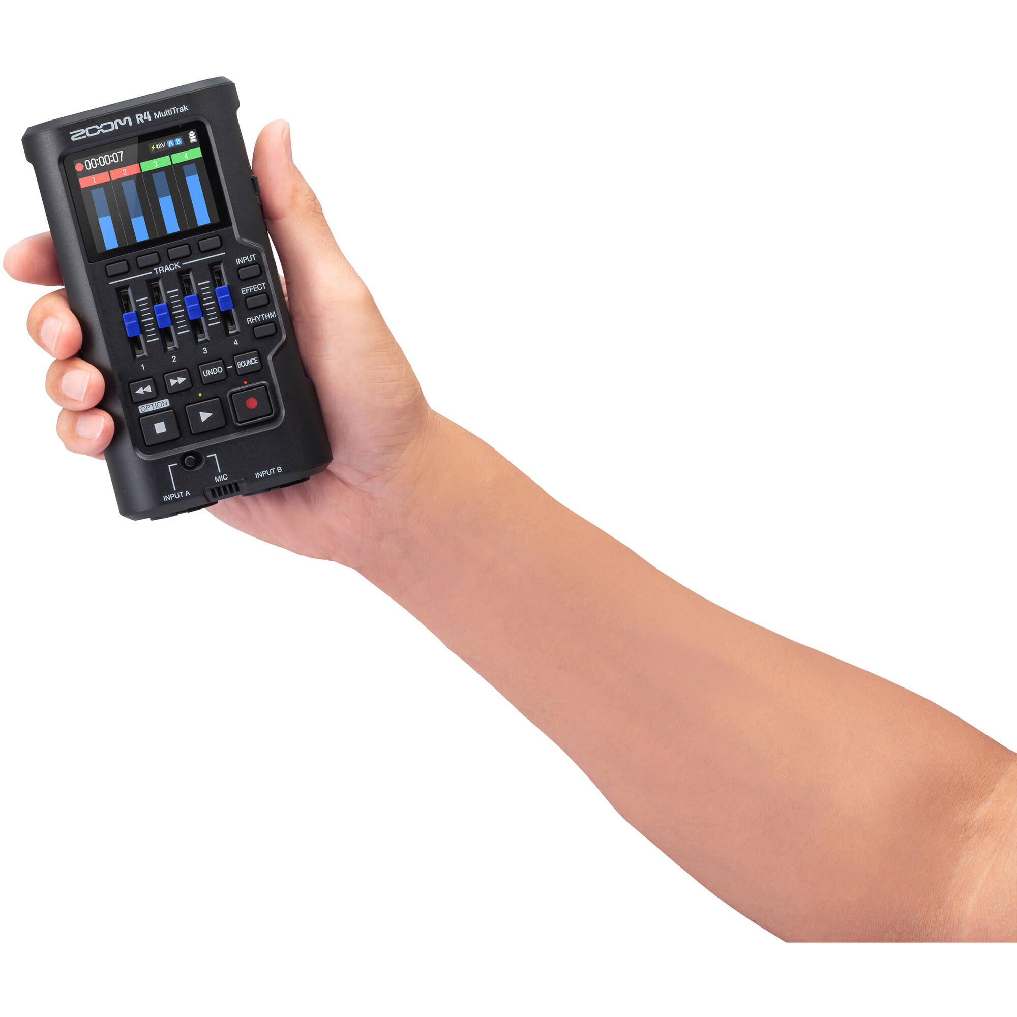 Zoom R4 MultiTrak digital recorder with multiple input jacks, LCD screen, and control buttons for portable audio recording.