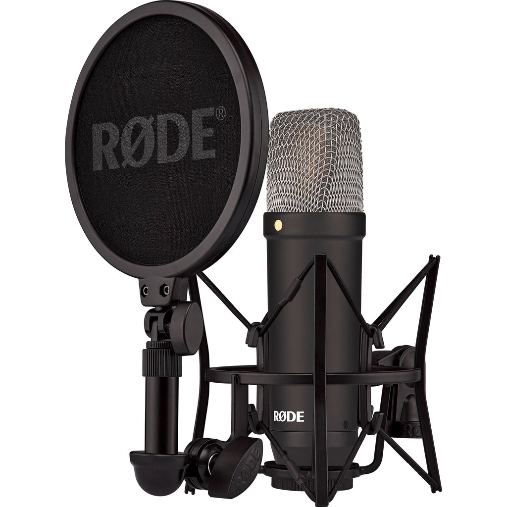 Rode NT1 Signature Series condenser microphone with metal body and vintage-style grille, positioned on a stand for studio recording.