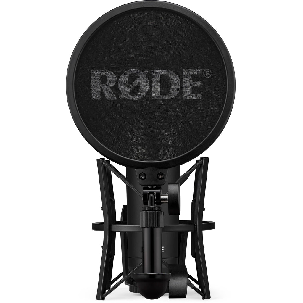 Rode NT1 Signature Series condenser microphone with sleek black finish and professional studio design.