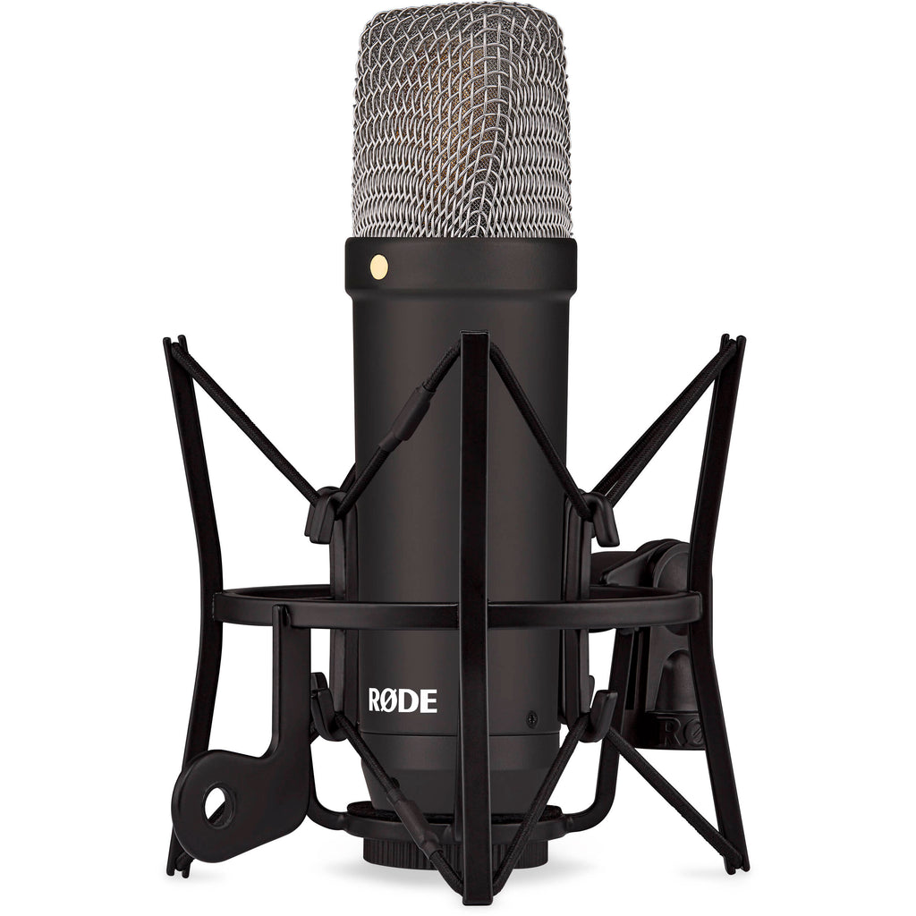Rode NT1 Signature Series condenser microphone shown with a sleek black body and gold accents, ideal for studio recording.