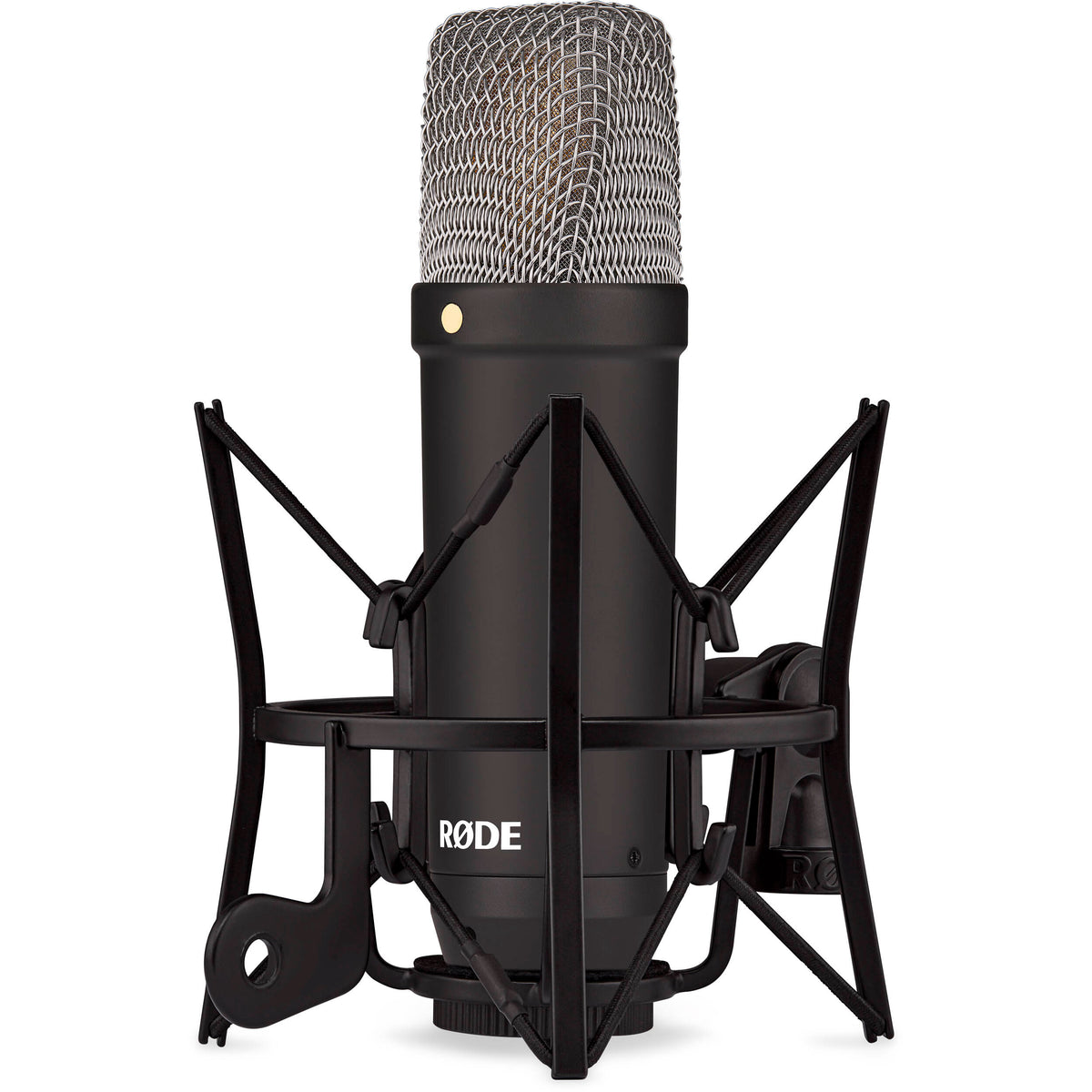 Rode NT1 Signature Series condenser microphone shown with a sleek black body and gold accents, ideal for studio recording.