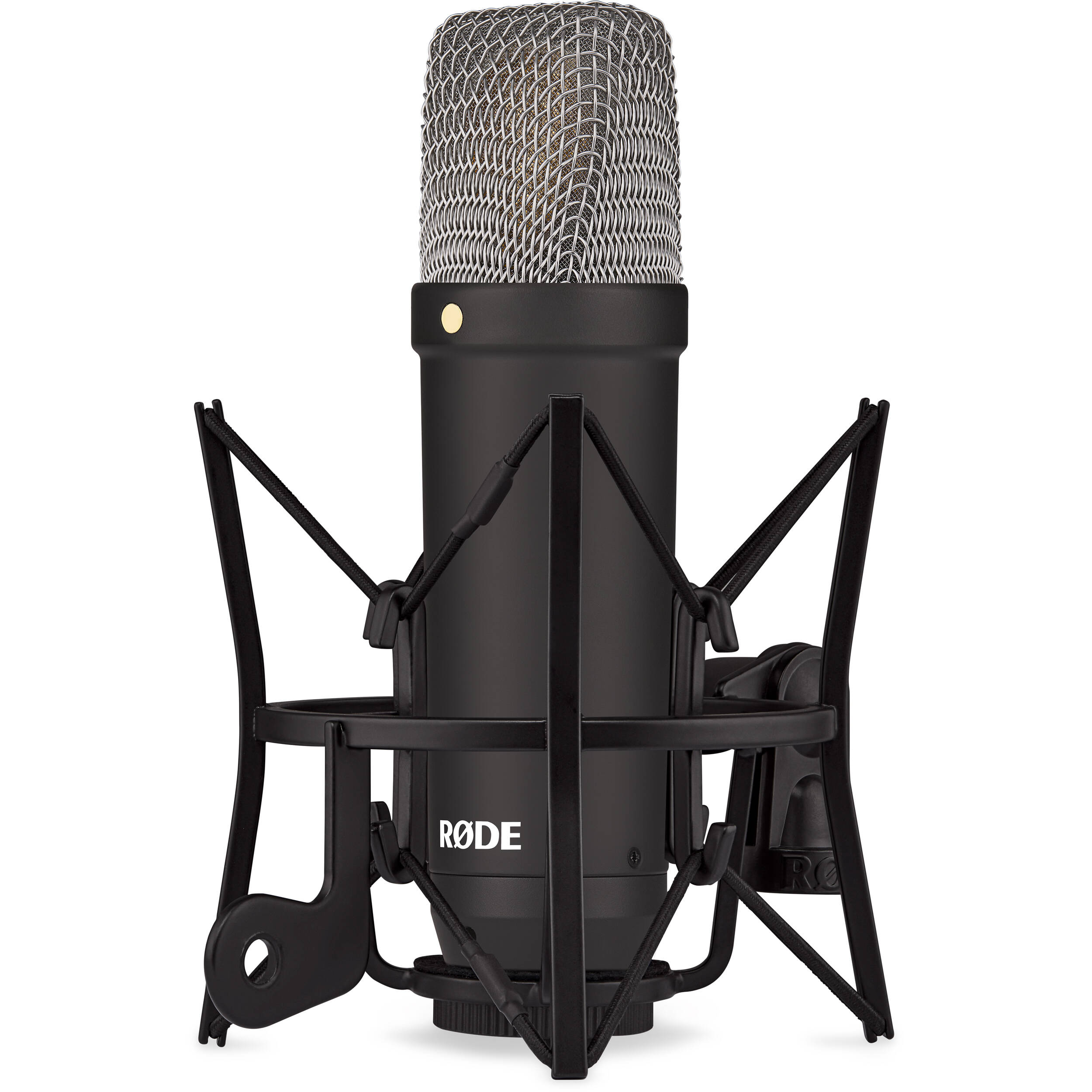 Rode NT1 Signature Series condenser microphone shown with a sleek black body and gold accents, ideal for studio recording.