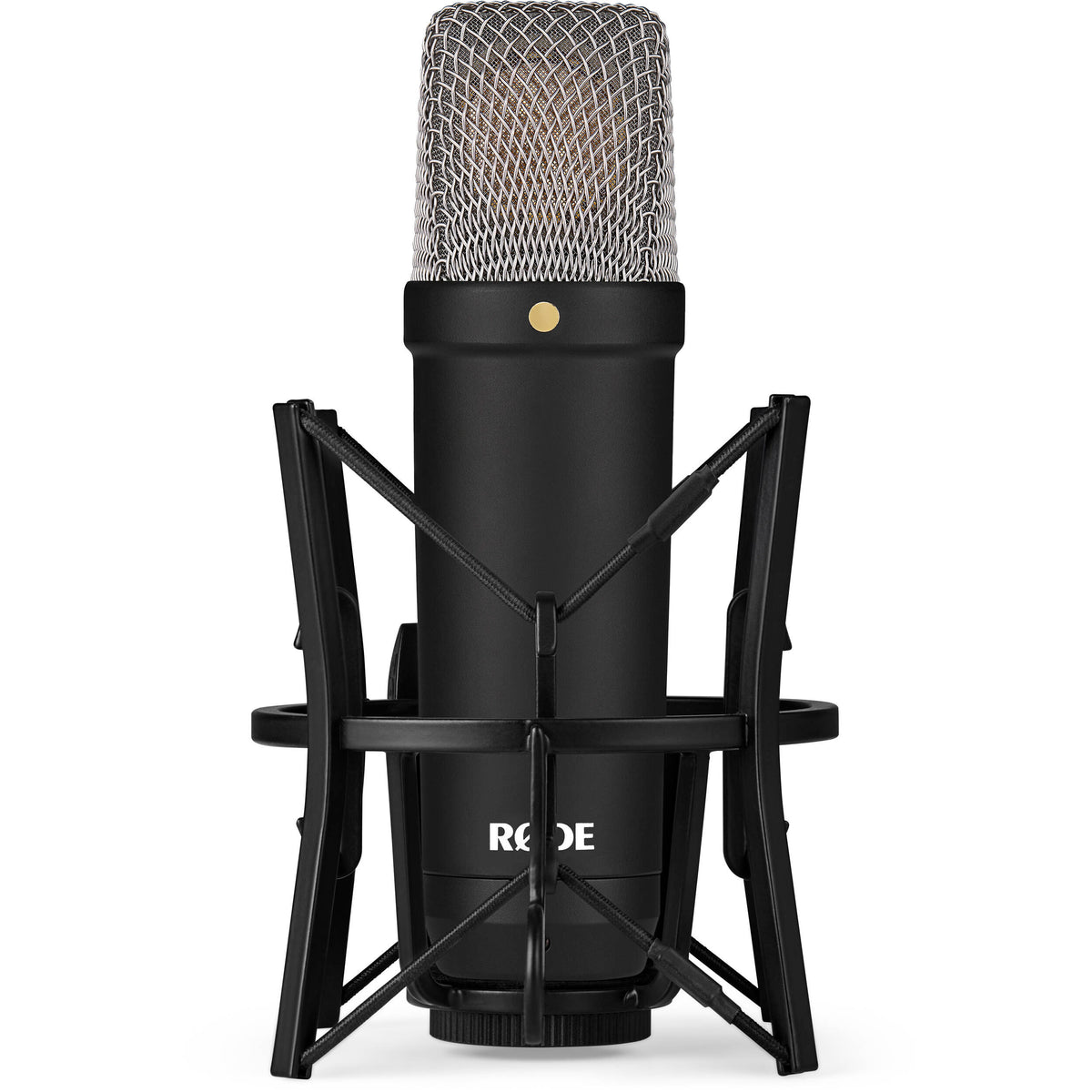 Rode NT1 Signature Series condenser microphone on a stand, with a black body and silver grille, used for studio recording.